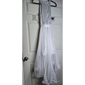 Candalite High Low Maxi Dress White Silver Sequins